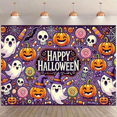 1 Stück Frohes Halloween Hintergrund - Lebendige Partydekorationen mit Kürbissen, Geistern, Scherzen und Spinnenweben - perfekt für Wohnzimmer, Schlafzimmer, Büro und Outdoor-Feiern - keine Elektrizität erforderlich, Halloween Dekorationen