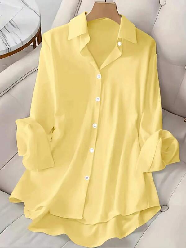Plus Size Plain Button-Up Long Sleeve Shirt, Short Front Long Back, Everyday Wear, Spring/Summer