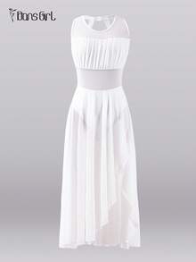 DonsGirl 1件女士浪漫优雅连衣裙 - 现代/古典舞蹈芭蕾舞服，戏剧表演服，蕾丝荷叶边和优质弹力网纱飘逸裙摆 - 白色 - 查看 10