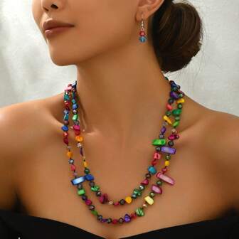 Ensemble collier et boucles d'oreilles coquillages multicolores de style boho-chic - Parfait pour les vacances à la plage, bijoux de mode pour femmes