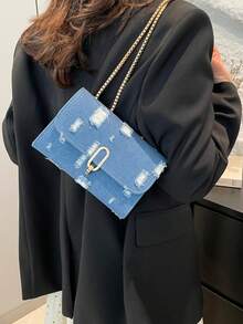 复古时尚豹纹迷你方形包，带翻盖开口，金属双链单肩包，可调节为斜挎包，适合女性日常和学生休闲使用 - 藍色 - 查看 2