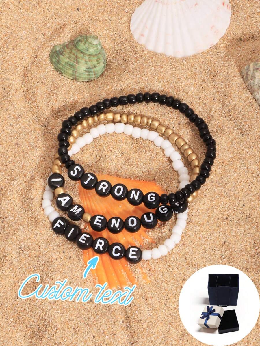 Customized Bracelet Set, Summer Beach Style, Minimalist Personalized Monochrome Beige Pearl Bracelet Set, Can Customize Name, Slogan, Location, Date, Suitable For Birthday, Valentine's Day, Anniversary, Gifts For Girlfriend, Friends, Daily Wear
