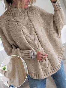 Plus Size Solid Color Stand Collar Long Sleeve Pullover Sweater, Casual For Everyday Wear - Khaki - View 1