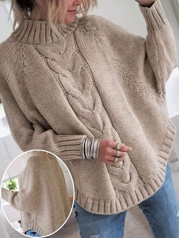 Plus Size Solid Color Stand Collar Long Sleeve Pullover Sweater, Casual For Everyday Wear