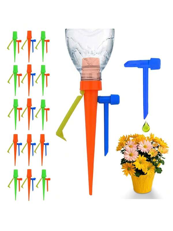 4pcs New Upgraded Plant Self-Watering Spike Device - Plant Drip Irrigation System With Slow Release Control Valve Switch - Adjustable Watering Device For Indoor And Outdoor Garden Plants (Orange + Green)
