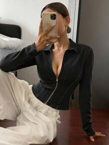 Livesso 女士休闲修身破洞牛仔夹克（春秋季） - 黑色 - 查看 3