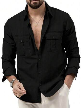 Camisa casual de hombre de pana vintage de manga larga con botones, otoño e invierno