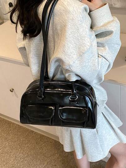 韩国小众设计感单肩包，波士顿保龄球手提包，大容量多口袋，不含吊坠