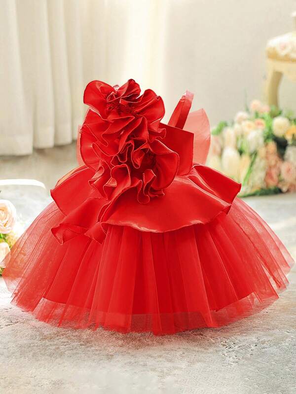 Vestido de festa de aniversário fofo para meninas, de cetim e malha, com babados e decote assimétrico, adequado para floristas, casamentos e apresentações no palco, acessórios não incluídos
