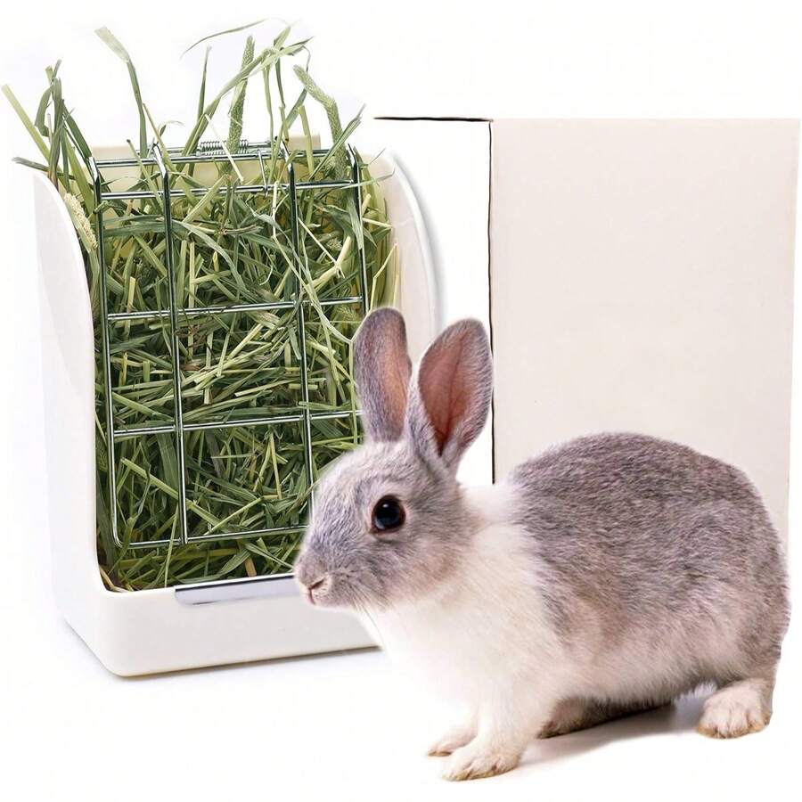 Rabbit Feeder - Hay Rack & Food Bowl Combo For Guinea Pigs/Chinchillas/Small Pets - Chew-Proof Design Large Capacity (White) - White - View 1