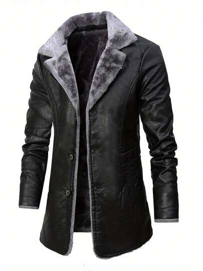Men's Long Sleeve Mid-Length PU Leather Business Lapel Coat, Single-Breasted Vintage Design