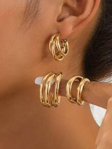 Bộ 3 đôi khuyên tai kim loại hình chữ C tối giản, nhỏ/trung bình/lớn, quà tặng phong cách cho cô ấy - Vàng - Xem 1