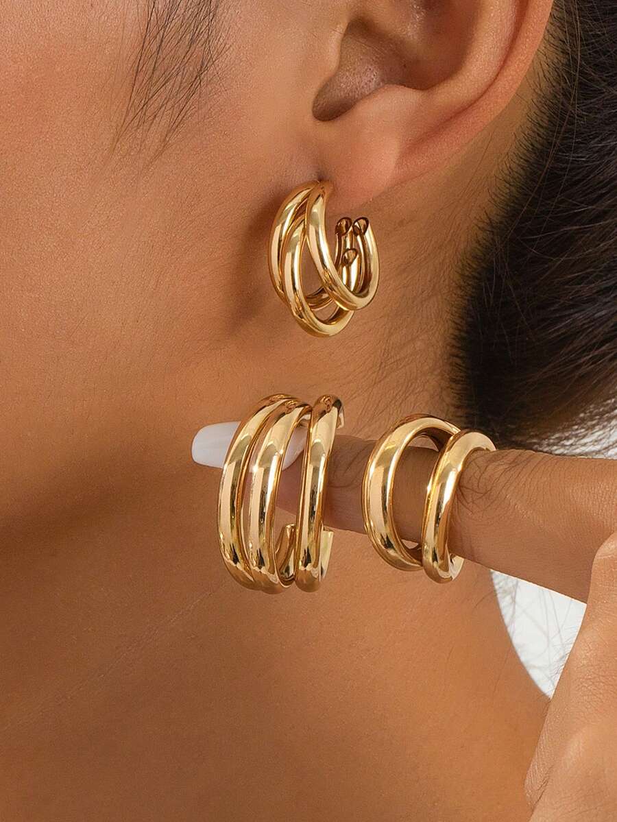 Bộ 3 đôi khuyên tai kim loại hình chữ C tối giản, nhỏ/trung bình/lớn, quà tặng phong cách cho cô ấy - Vàng - Xem 1