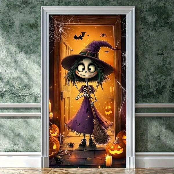 2D-deurplaat, 1 stuk Halloween heks kat 2D-deurplaat (35,4 x 70,8 inch) - 3 enge katten in kostuums met vleermuizen en pompoenen, polyurethaan feestdecoratie, binnen- en buitengebruik, perfect voor Halloween-viering, Halloween-decoratie