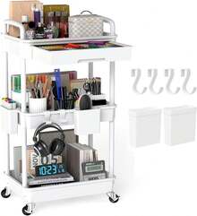 3 Tier Rolling Storage Cart With Drawers Rolling Utility Cart With Drawers,Room Decor,Bathroom Decor,Rolling Utility Cart Rolling Storage Organizer Tool For Kitchen,Bathroom,Living Room,Office Outdoor Decor - 白色 - 查看 1