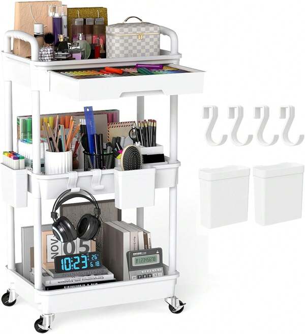 3 Tier Rolling Storage Cart With Drawers Rolling Utility Cart With Drawers,Room Decor,Bathroom Decor,Rolling Utility Cart Rolling Storage Organizer Tool For Kitchen,Bathroom,Living Room,Office Outdoor Decor