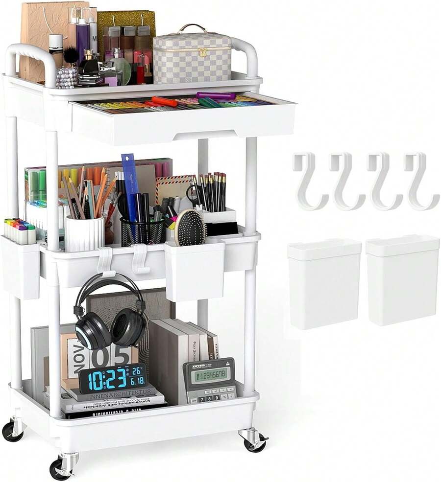 3 Tier Rolling Storage Cart With Drawers Rolling Utility Cart With Drawers,Room Decor,Bathroom Decor,Rolling Utility Cart Rolling Storage Organizer Tool For Kitchen,Bathroom,Living Room,Office Outdoor Decor - 白色 - 查看 1