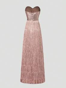 Faeriesty 女士优雅亮片无肩带连衣裙，多层流苏下摆 | 奢华晚礼服，适合盛大晚宴、婚礼或正式场合，夏季度假派对春季装扮 - 香檳色 - 查看 10