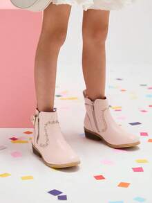 Girls Mid Calf Riding Combat Boots Zip Ankle Boots - Pink - View 4