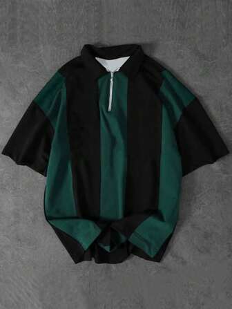 男士休闲条纹 Polo 衫，撞色套头衫，适合夏季，学院风上衣