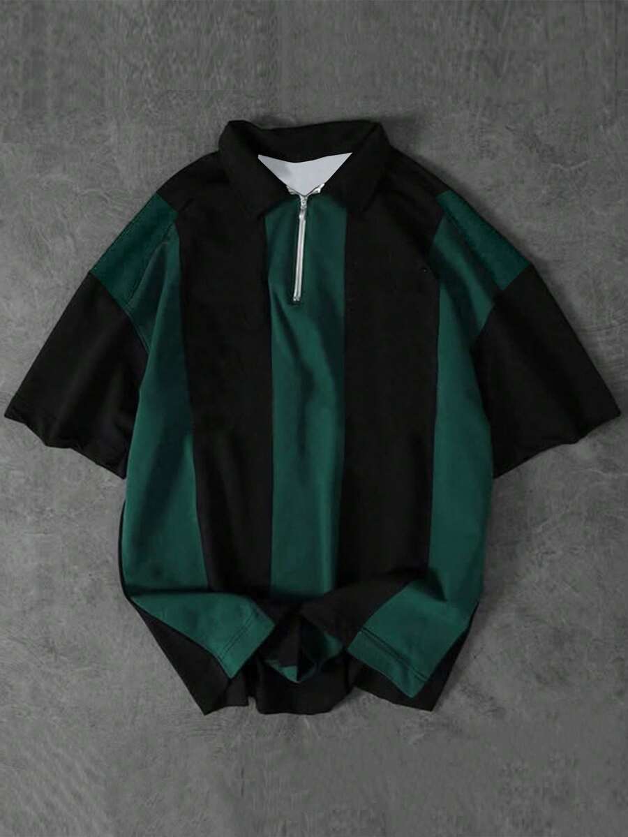 男士休闲条纹 Polo 衫,撞色套头衫,适合夏季,学院风上衣 - 墨綠色 - 查看 1