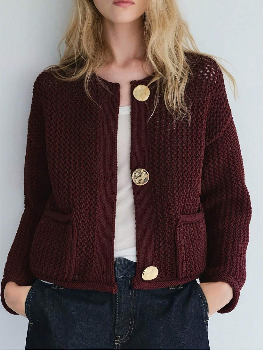 女士红色镂空金色纽扣圆领带口袋开衫