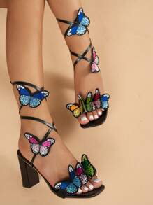 Sandalias de tacón alto con decoración de cristal con mariposa para mujeres, sandalias de tiras blancas, llamativas, sexy, adecuadas para banquetes, vacaciones, fiestas de noche, uso interior/exterior, uso diario