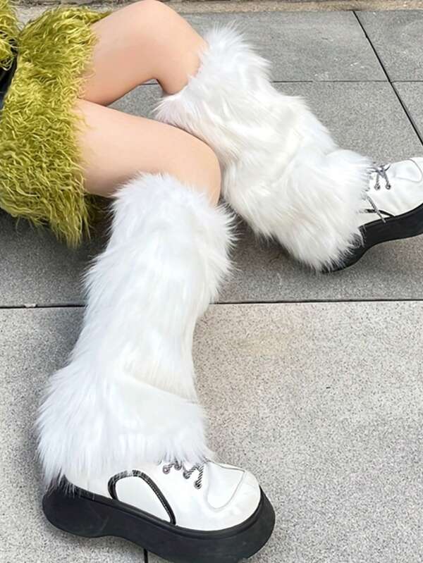 1pair Women's Fur Leg Warmers Furry Fuzzy Long Boot Cuff Covers, Fall / Winter
