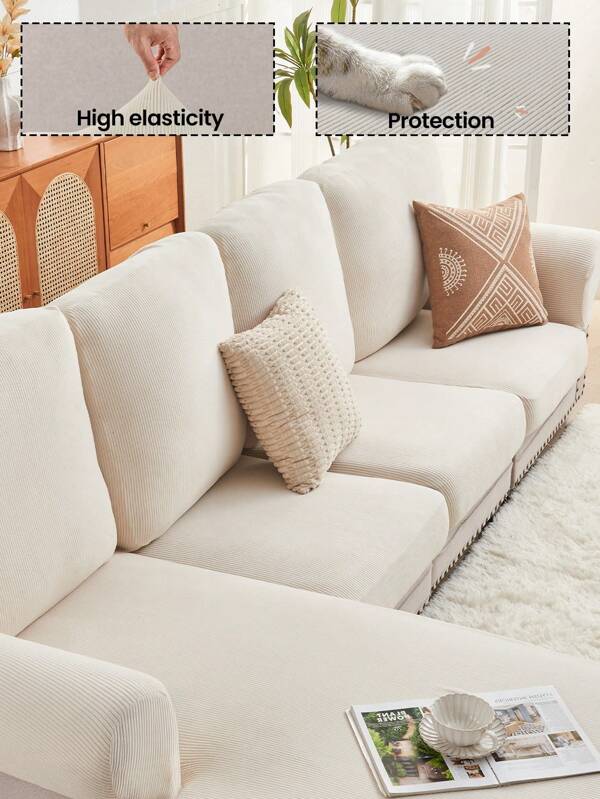 1pc Elastic Sofa Cover, Jacquard Sofa Cushion Cover, Modern Style Anti-Slip Sofa Cover, Stretchable And Anti-Slip, Solid Color, Cream White, Dust-Proof And Anti-Scratch Decorative Protective Cover, Pet Proof Fabric, Fits For L-Shaped, 1/2/3/4 Seat Couch, Use In Living Room/Bedroom/Office For All Season, Machine Washable
