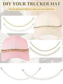 1 件/5 件金链仿珍珠帽链帽檐装饰女士男士金属可拆卸链条散装卡车帽珍珠粗链配饰饰品女士钥匙扣适用于 DIY 网状棒球帽挂绳（无帽子）