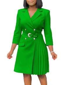 HERTALK Women's Lapel Blazer, Elegant Midi Dress With Pleated Sleeves And Belt - 綠色 - 查看 2