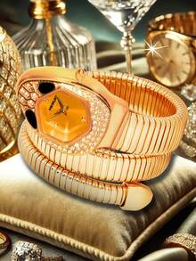 女士全新独特小众艺术蛇形钻石镶嵌精致缠绕手链蛇头石英表 - 均碼 - 查看 3