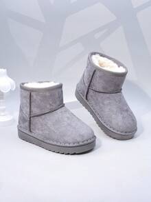 秋冬儿童雪地靴，中帮平底毛绒内衬女童鞋，厚底保暖男童靴，幼儿短靴 - 灰色 - 查看 4