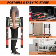 高品质铝合金伸缩梯，具有多种尺寸，重量轻，可折叠，可伸缩，配有锁和防滑脚，可支撑高达 150KG/330LBS，适用于房车、阁楼、家庭维护、屋顶、户外工作和 DIY 项目。