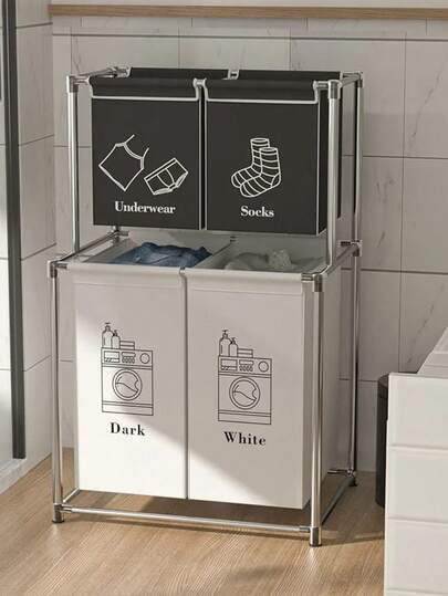 Clasificador vertical de lavandería de 2 niveles con 4 bolsas extraíbles, cesta organizadora de 4 secciones para lavandería, espacio pequeño y armario