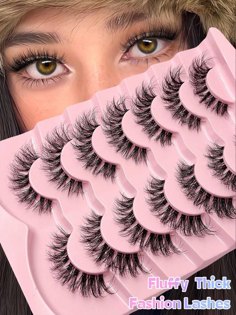 Asiteo 7 Pairs Cat Eye False Eyelashes, 3D Transparent Band Natural Thin Faux Mink Lashes, Fluffy Curly Cat Eye Fake Eyelashes - 黑色 - 查看 1