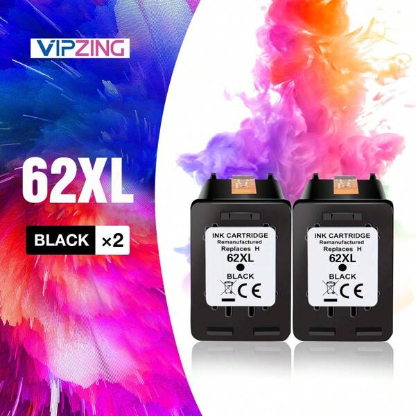 VIPZING خرطوشة حبر بديلة 62XL متوافقة لطابعات HP Envy 5540 5549 5640 5660 7640، OfficeJet Mobile 250 200، OfficeJet 5740 5741 8040، أسود، 2 عبوات