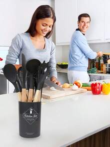 12pcs/Set Or 44pcs/Set Wooden Handle Silicone Kitchen Utensil Set, Heat Resistant Non-Stick Cookware, Suitable For Cooking And Baking, Great For Christmas - Black-regular - View 8