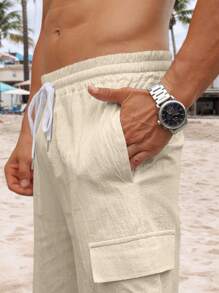 2025 European Style Running Shorts Men Sexy Elastic Wiast Board Shorts Male Stand Pockets Casual Beach Short Pants White Black  Tropical    Pocket  Drawstring