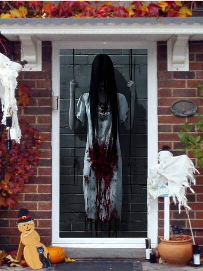 Horror Female Ghost Decoration Curtain, Long Hair Face Covering Bloody Dress Wall Hanging Decor, Suitable For Escape Room, Haunted House, Party, Bar, Home Horror Themed Scene Setting, Halloween/Ghost Festival Decor. Realistic Long Hair Covering Face + Bloody Design, Create Dark And Terrifying Visual Impact, Easily Set Up A Creepy Atmosphere For Halloween/Ghost Festival/Horror Themed Events
