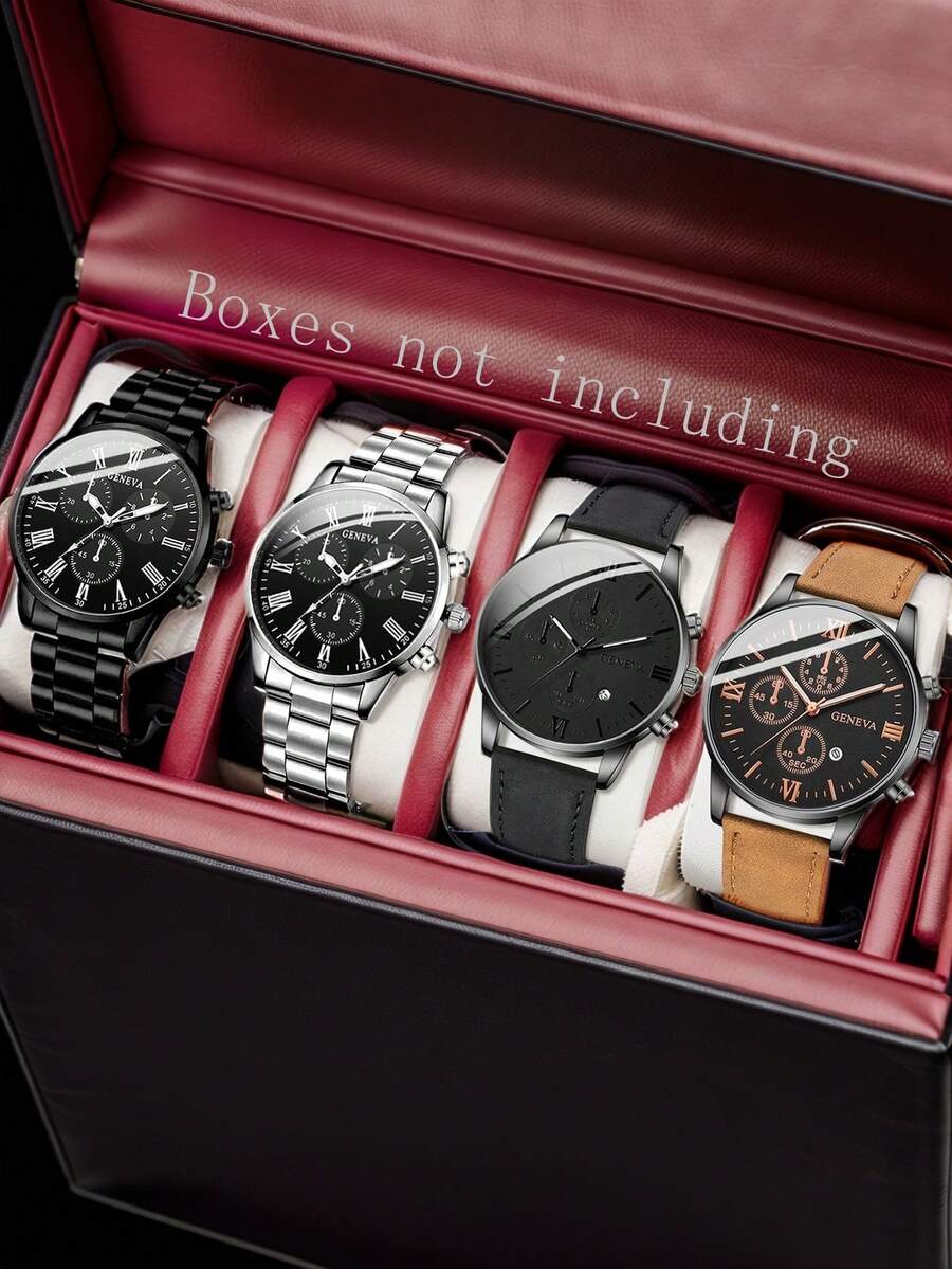 4-Piece Men's Fashionable Business Roman Scale Three Eye Dial Quartz Watch Set Suitable For Daily Wear Decoration Or Holiday Gifts