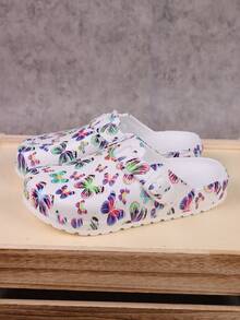 pueenb 女士时尚舒适厚底木屐 - 轻便、时尚、全天候穿着风格、蝴蝶印花、易穿脱设计、柔软鞋垫和可调节带子，适合日常、工作或休闲场合，室内和室外