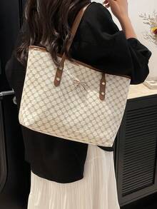 1 件白色金属装饰复古花卉字母印花 PU 手提包，大容量女士单肩包 - 白色 - 查看 8