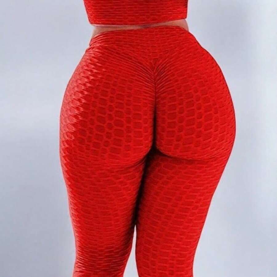 Bubble Suplex Leggings Disguise Cellulite High Waist 3D Flocked Texture Legging High Waist Gym Leg - 紅色 - 查看 1