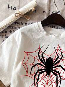 Women's Short-Sleeved, Crew-Neck T-Shirt With Spider Print And Loose Fit, Perfect For Summer - 白色 - 查看 3