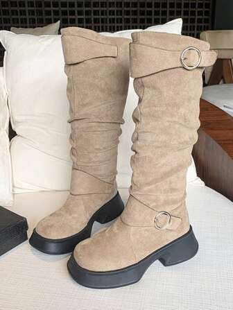 Round Toe Mid-Calf Boots With Metal Buckle 2025 New Style Thick Sole High-Top Vintage Wrinkled Boots