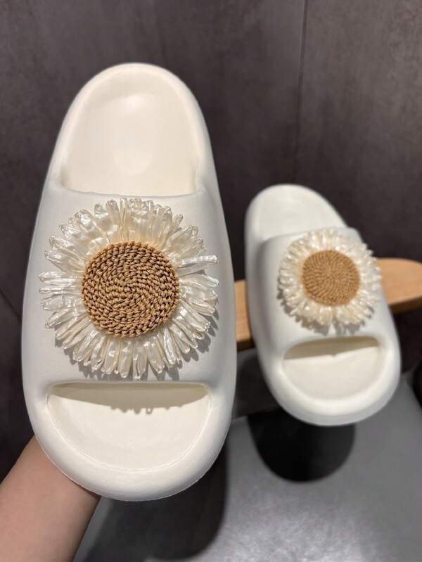 Women's White Casual Beach Slippers, Indoor Adorable 3D Bow Decor Flat Soft House Slippers, Gift, Thick Bottom Non-Slip Open Toe Sandals