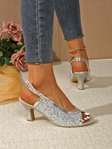 2026 Neue paillettenbesetzte, glänzende und bequeme offene Zehenhochabsätze. Modische Strandparty Damenhochabsätze. Silberne Hochabsätze. Goldene Hochabsätze. Schwarze Hochabsätze. Transparente Keilabsätze, bequeme Damenhochabsätze. - Silber - Übersicht 4