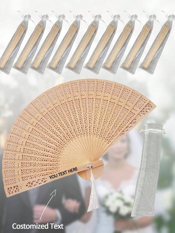 1/5/10 piezas Abanico de madera maciza con texto personalizado calado en estilo de flor tallada china, con borlas y bolsa transparente, que se puede usar como regalo para novias, damas de honor y obsequios para bodas. Grandes regalos para ocasiones como cumpleaños, graduaciones, Día de la Madre y Día del Maestro.