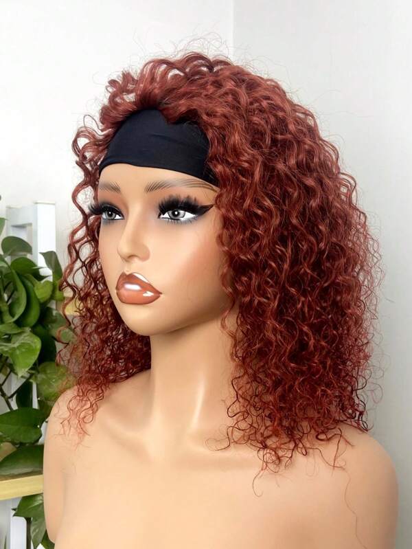 Peluca con diadema de cabello humano rizado en tono marrón cobrizo, peluca con diadema sin pegamento fabricada a máquina de encaje libre con cabello rizado profundo, gorro elástico ajustable, elegante peinado color 33 marrón rojizo